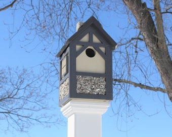 One of a kind Tudor style pebble dash bird cottage #4. centerpiece post mount birdhouse. All PVC, hand crafted hand painted made in the USA