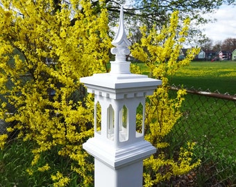 Weatherable Post mount white Vinyl tube bird feeder. durable, modern, US made- 4 inch PVC Post cap alternative. Le Bistro Bridgeport InSpire