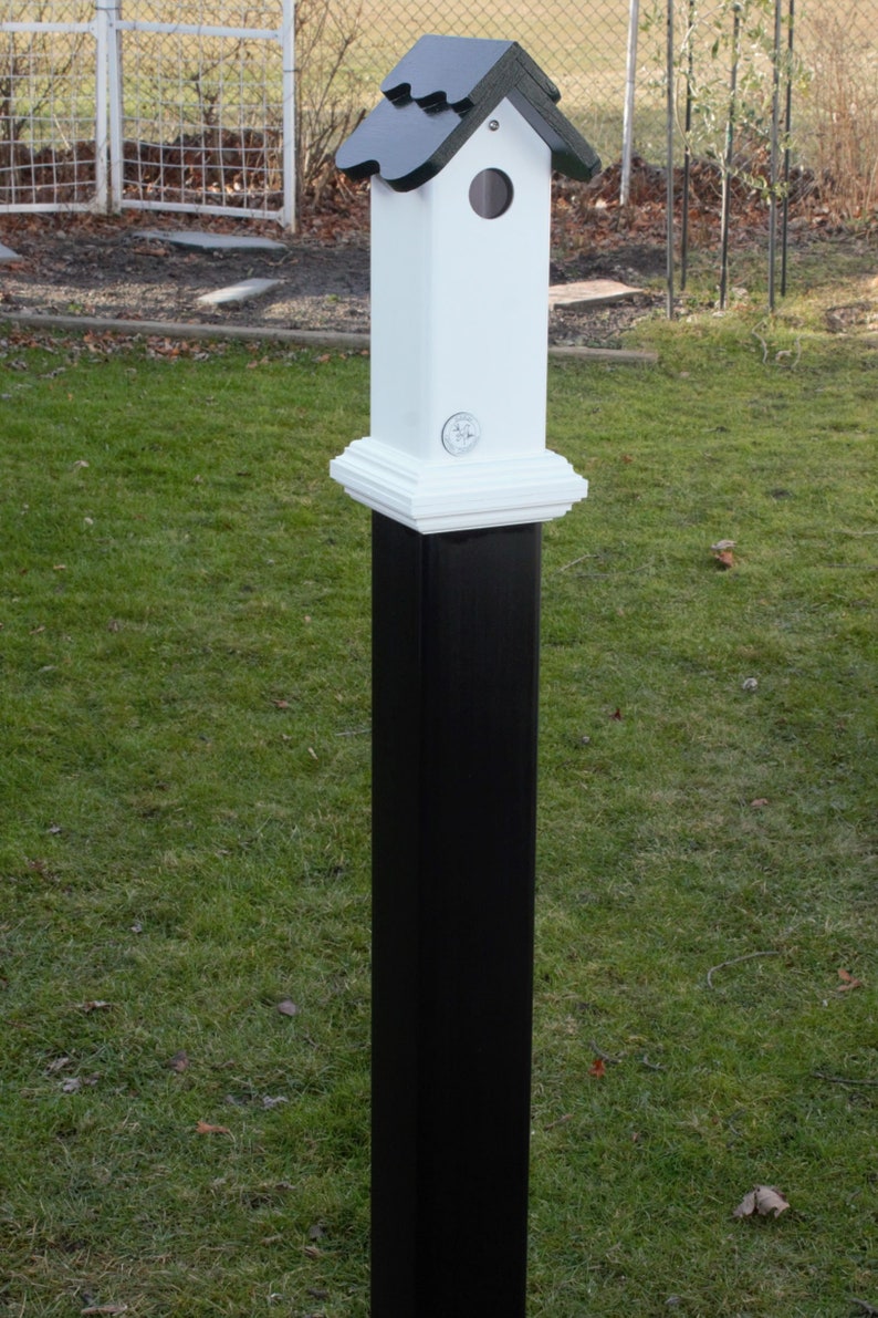 PVC post mount bird house for Nuthatch and small birds. All season all PVC, EZ clean, assembled, pvc post cap alternative Buffalo made image 4