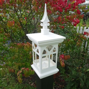 Bird Lover favorite weatherable, 4 inch post mount white, tube bird feeder, post cap alternative, New England InSpire, Vinyl/PVC