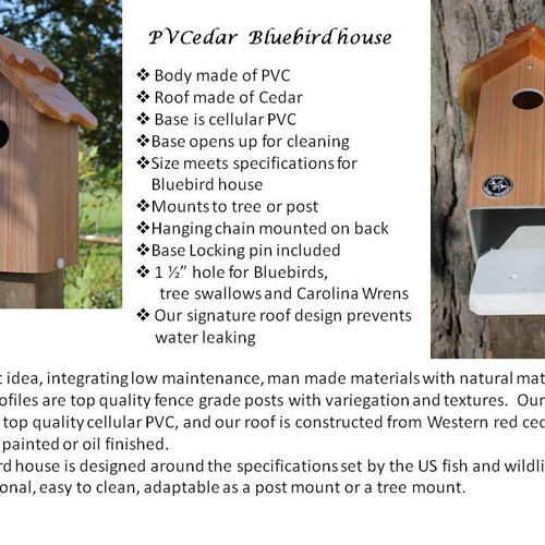 Hanging Bluebird house, PVC, larch wood, orders outdoor birdhouse, fully functional, virtually maintenance free, post mount, modern, Made in USA
