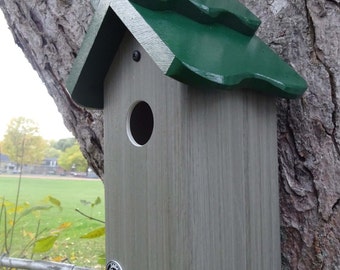 Bluebird house,PVC bird house,mostly maintenance free,handmade in USA, post mount birdhouse, hanging birdhouse, green roof, ez cleanout