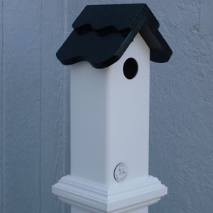 PVC post mount bird house for Nuthatch and small birds. All season all PVC, EZ clean, assembled, pvc post cap alternative Buffalo made image 1
