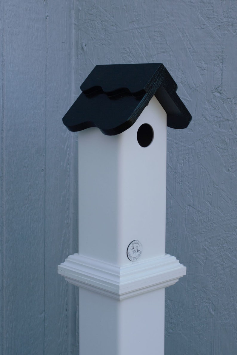 PVC post mount bird house for Nuthatch and small birds. All season all PVC, EZ clean, assembled, pvc post cap alternative Buffalo made image 1