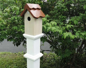 Birdhouse post topper, weatherable, outdoor birdhouse, functional, virtually maintenance free, PVC post cap. made in Buffalo . Hand painted