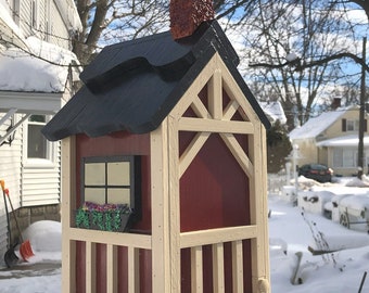 Tudor style 4-inch PVC post mount, large popular cleanable birdhouse, handmade, hand painted, all weather, Artistic Centerpiece for garden.