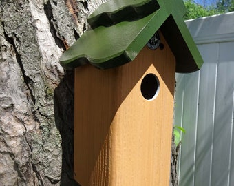 Weatherable post mount Bluebird house, Vinyl and Cedar handcrafted hanging Bird house, outdoor birdhouse for bluebirds and bird lovers