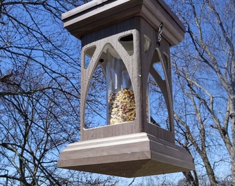 Modern vinyl Tube feeder, gothic style, hanging bird feeder, EZ fill and clean, polyvinyl  handmade in USA, Woodgrain, fully assembled