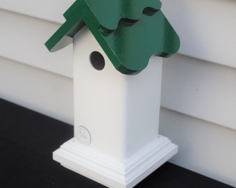 PVC post mount bird house for Chickadee and small birds. All season- all PVC, EZ clean, fully assembled, post cap alternative - Buffalo made