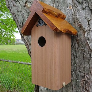 larch wood Roof - hanging Bluebird House: post mountable-Outdoor Birdhouse, US Made tried and true