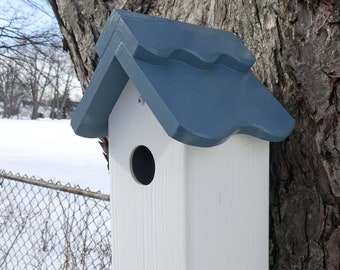 hanging Bluebird house, PVC, larch wood, outdoor birdhouse, fully functional, virtually maintenance free, post mount, modern, Made in USA