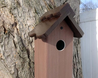 hanging Bluebird house, PVC, larch wood, outdoor birdhouse, fully functional, virtually maintenance free, post mount, modern, Made in USA