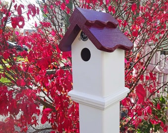 Birdhouse wood and PVC post topper, weatherable modern outdoor birdhouse, birdhouse or nesting box for bird lovers and gardeners