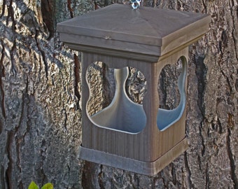 Bird feeder modern Outdoor Birdfeeder PVC decorative woodgrain style- no assemble required hanging Birdfeeder -tray style- Made in the USA