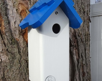 Chickadee and small bird house. All season all PVC, EZ hang, EZ clean,fully assembled, , hinged bottom. Hanging or wood post mount