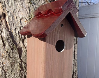 hanging Bluebird house, PVC, larch wood, outdoor birdhouse, fully functional, virtually maintenance free, post mount, modern, Made in USA