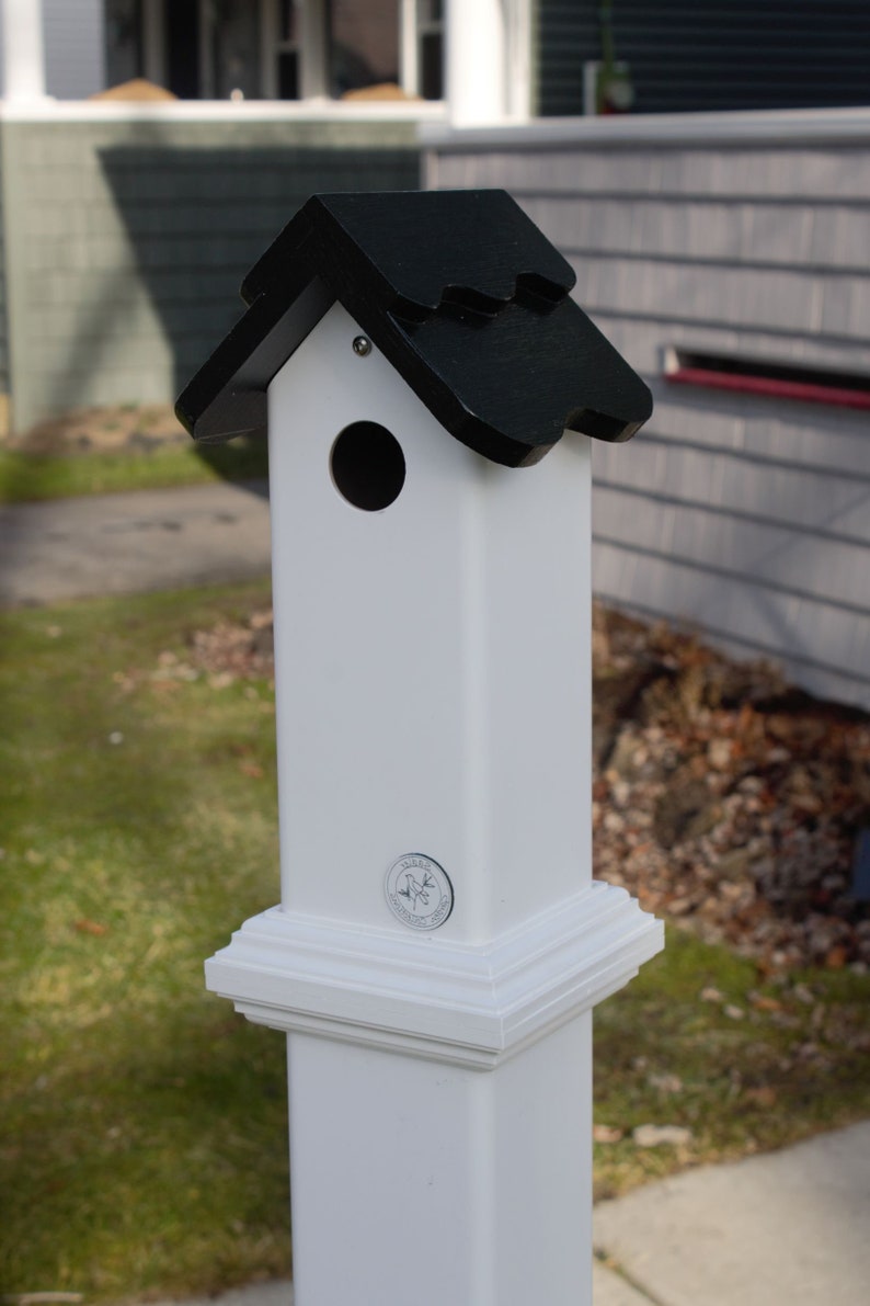 PVC post mount bird house for Nuthatch and small birds. All season all PVC, EZ clean, assembled, pvc post cap alternative Buffalo made image 8