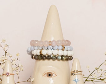 Gemstone Beaded Bracelet with Solid 14k Bead - DION stretch beaded bracelet with natural gemstone beads / fine jewelry / stacking bracelet