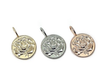 Rose Coin in sterling silver or solid 14k gold. Fine Jewelry. Rose Pendant. Rose Charm Talisman.