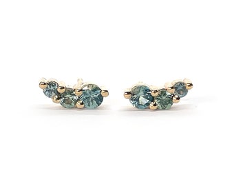 Teal Montana Sapphire FARA Stud Earrings in 14k Yellow Gold - Fine Jewelry / Solid Gold Earrings / Sapphire Earrings / Helix Earrings