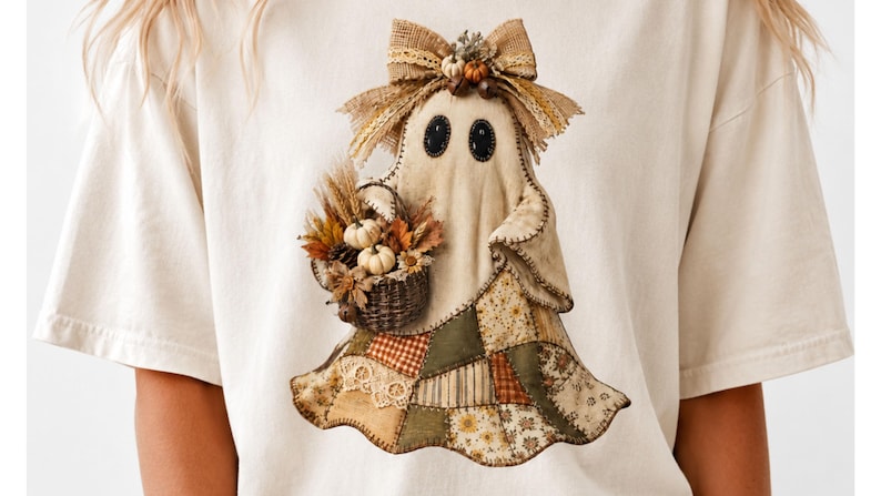 May include: A cream-coloured t-shirt featuring a graphic of a ghost wearing a burlap bow and holding a basket filled with miniature pumpkins, wheat, and autumn leaves. The ghost has a patchwork-style skirt made of various brown, green, and tan fabrics.