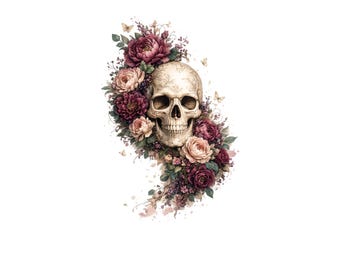 Watercolor Skull Rose Wreath PNG Floral Skull Sublimation Clipart Boho Gothic Design Digital Download 300 DPI