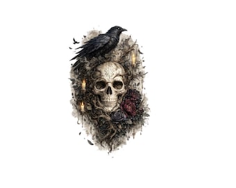 Floral Skull Sublimation PNG | Rose Skull Clipart | Gothic Tattoo Art | Dark Floral Design | Transparent Digital Download 300 DPI