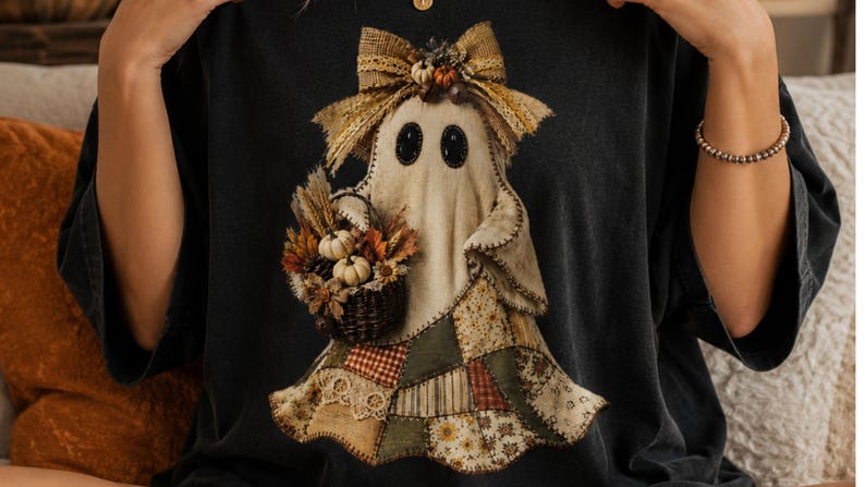 May include: A black t-shirt featuring a graphic of a ghost wearing a hessian bow and holding a basket filled with small pumpkins, wheat, and autumn leaves. The ghost has a patchwork-style lower body with various brown, green, and cream patterns.