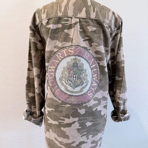 Harry Potter Hogwarts Railway Upcycled Camo Shirt Size XL | Hogwarts Express Button-Up | One-of-a-Kind Refashioned Harry Potter Shirt