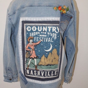 Oversized Kids XL Upcycled Denim Jacket | Under the Stars Back Patch | One-of-a-Kind Handcrafted Jacket