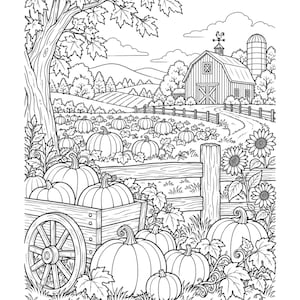Peut inclure: Une illustration en noir et blanc pour coloriage représentant une scène de ferme rustique avec une charrette en bois remplie de citrouilles, un grand arbre, une clôture en bois, des tournesols et une grange avec un silo en arrière-plan.