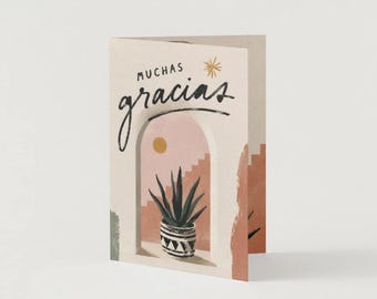 Spaanse bedankkaart: Muchas Gracias-groet met plantillustratie