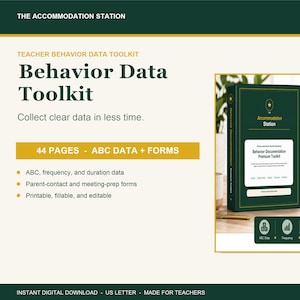 Puede incluir: Un kit de herramientas de datos de comportamiento con una carpeta verde oscuro con texto dorado, tres formularios de recolección de datos blancos y una barra de navegación con cinco iconos: ABC Data, Frequency, Duration, Parent Contact, Meeting Prep.