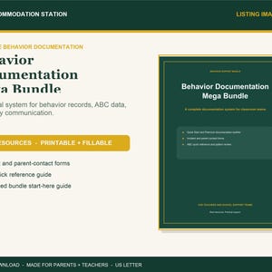 Può includere: Un pacchetto digitale di documentazione comportamentale con una copertina verde scuro e bordi dorati. Il testo include Behavior Documentation Mega Bundle, 4 risorse, stampabile e compilabile, moduli per incidenti e contatti con i genitori, e una guida rapida ABC.