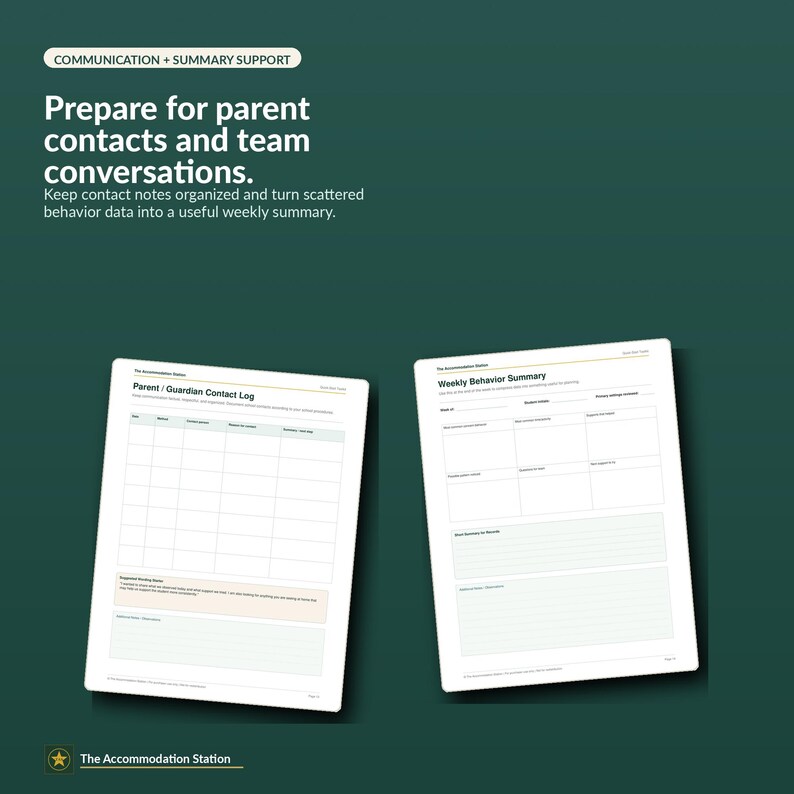 Puede incluir: Dos formularios imprimibles blancos sobre un fondo verde oscuro. El formulario de la izquierda se titula Parent/Guardian Contact Log con columnas para fecha, m&eacute;todo, persona de contacto, motivo y resultado. El formulario de la derecha se titula Weekly Behavior Summary.