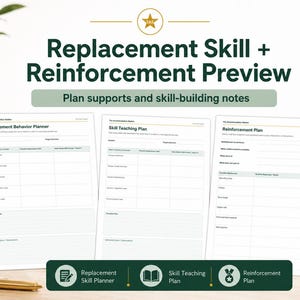 May include: Three white printed documents titled Replacement Behavior Planner, Skill Teaching Plan, and Reinforcement Plan. The header text reads Replacement Skill + Reinforcement Preview with Plan supports and skill-building notes below it.