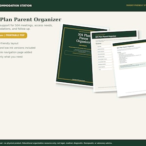 Könnte beinhalten: Ein 504-Plan-Elternorganisator als digitaler Download mit über 40 Seiten im druckbaren PDF-Format. Das Dokument enthält ein elternfreundliches Layout mit Farb- und tintensparenden Versionen sowie eine klickbare Navigationsseite.