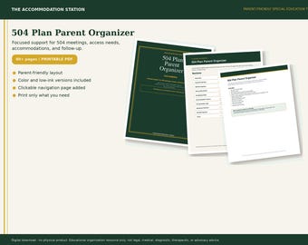 504-Plan-Organizer für Eltern | Vorbereitung auf 504-Meetings, Nachverfolgung von Anpassungsmaßnahmen, Schulnotizen, Kommunikationsprotokoll (ausfüllbares PDF)