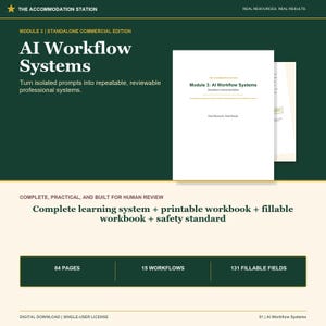May include: A digital educational resource titled Module 3: AI Workflow Systems. The dark green and cream document features text detailing 84 pages, 15 workflows, and 131 fillable fields, including a printable workbook and safety standard.