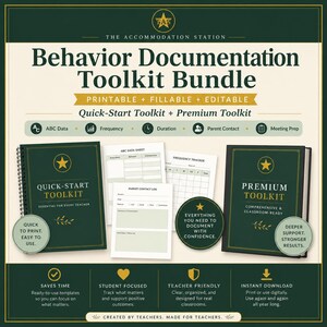 May include: A Behavior Documentation Toolkit Bundle featuring a Quick-Start Toolkit and a Premium Toolkit. The set includes printable, fillable, and editable templates for ABC data, frequency, duration, parent contact, and meeting preparation.