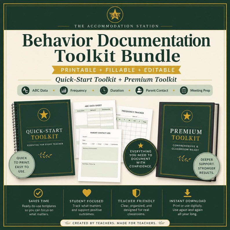 May include: A Behavior Documentation Toolkit Bundle featuring a Quick-Start Toolkit and a Premium Toolkit. The set includes printable, fillable, and editable templates for ABC data, frequency, duration, parent contact, and meeting preparation.