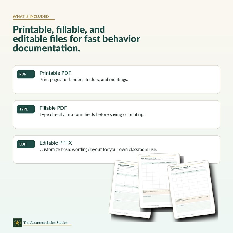 Puede incluir: Un gr&aacute;fico de informaci&oacute;n de producto titulado What is Included, que detalla archivos imprimibles, rellenables y editables para la documentaci&oacute;n de comportamiento. Enumera opciones de PDF, PDF rellenable y PPTX editable con descripciones.