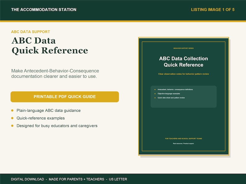 Pu&ograve; includere: Un documento digitale intitolato ABC Data Quick Reference con sfondo verde scuro e bordo dorato. Il testo include ABC Data Support, Make Antecedent-Behavior-Consequence documentation clearer e Printable PDF Quick Guide.