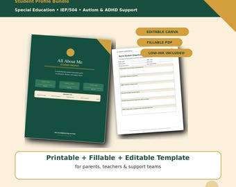 Può includere: Un pacchetto di profili studente All About Me con una copertina verde scuro con testo bianco e una pagina interna bianca con campi per le informazioni. Include etichette per Canva modificabile, PDF compilabile e opzioni a basso consumo.