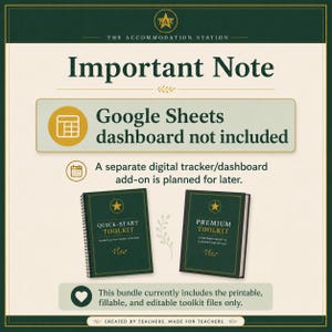 May include: A digital information graphic titled Important Note, stating that a Google Sheets dashboard is not included. It features two dark green books labeled Quick-Start Toolkit and Premium Toolkit, with text confirming only printable files are included.