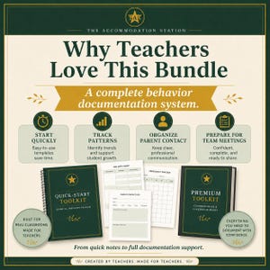 May include: A dark green and cream educational resource bundle featuring a Quick-Start Toolkit and Premium Toolkit. The graphic includes text explaining behavior documentation, parent contact logs, and frequency trackers for classroom use.
