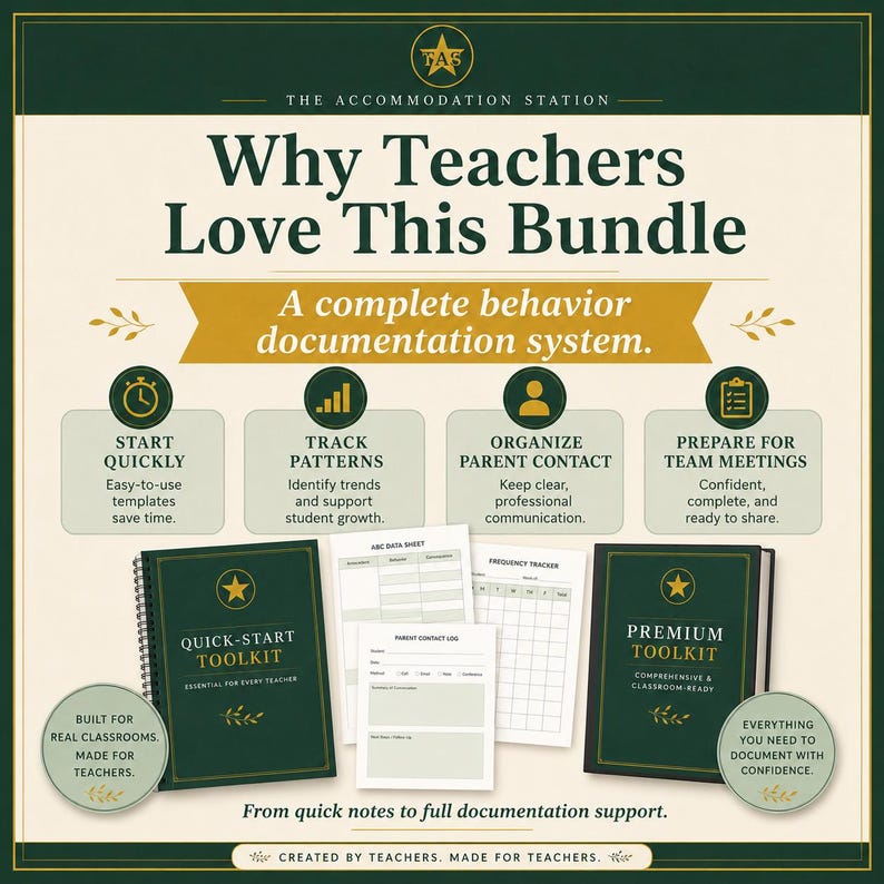 May include: A dark green and cream educational resource bundle featuring a Quick-Start Toolkit and Premium Toolkit. The graphic includes text explaining behavior documentation, parent contact logs, and frequency trackers for classroom use.