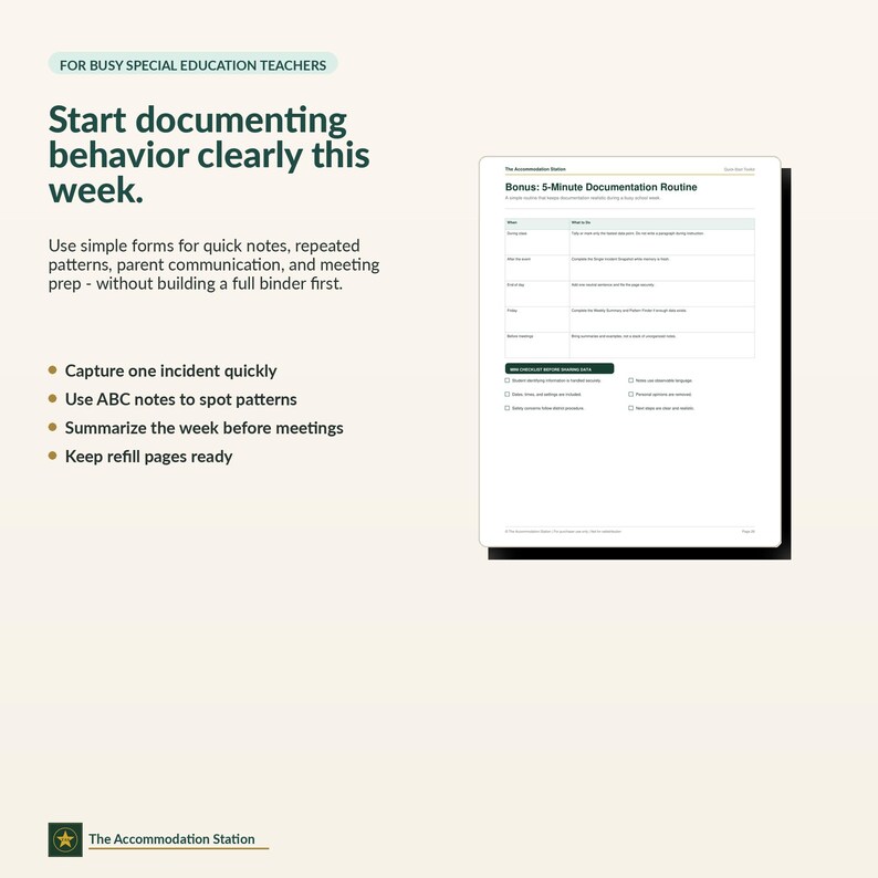 Puede incluir: Un documento digital para docentes de educaci&oacute;n especial titulado Start documenting behavior clearly this week. Incluye una tabla de rutina de documentaci&oacute;n de 5 minutos, una lista de verificaci&oacute;n de datos e instrucciones sobre notas ABC.