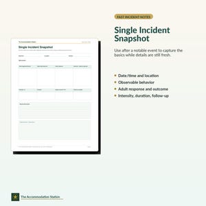 Puede incluir: Un documento blanco titulado Single Incident Snapshot con campos para fecha, hora, ubicaci&oacute;n, actividad y personal presente. Incluye una cuadr&iacute;cula para comportamientos observables, respuestas de adultos y resultados, adem&aacute;s de notas.