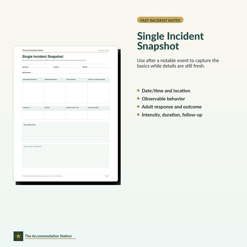 Puede incluir: Un documento blanco titulado Single Incident Snapshot con campos para fecha, hora, ubicaci&oacute;n, actividad y personal presente. Incluye una cuadr&iacute;cula para comportamientos observables, respuestas de adultos y resultados, adem&aacute;s de notas.
